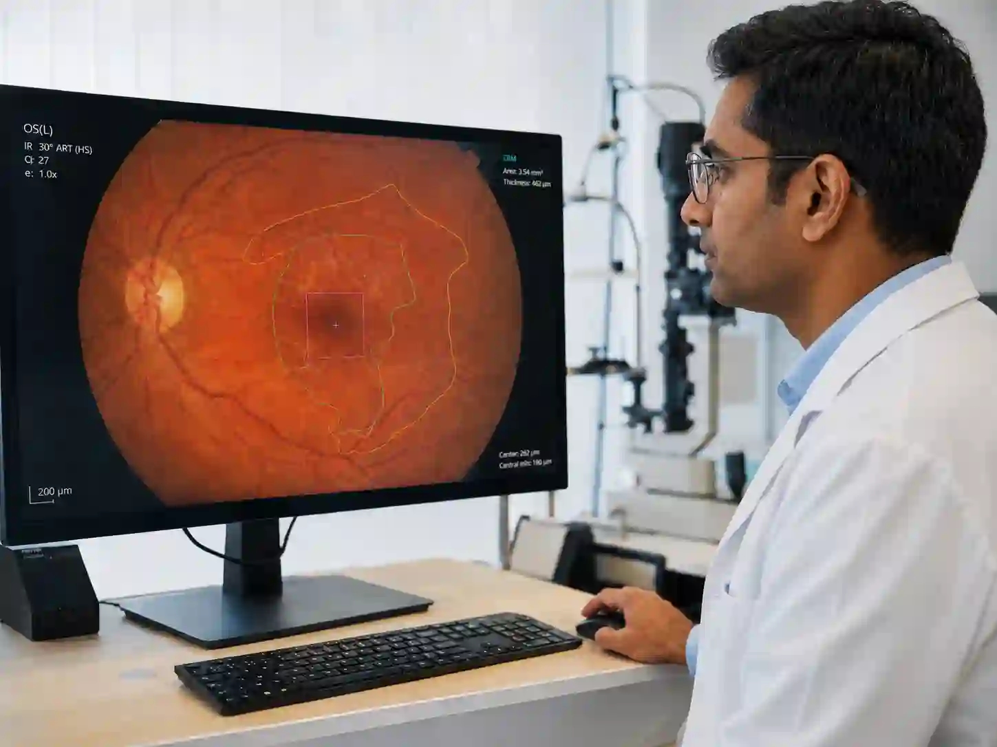 Doctor reviewing an AI-assisted retinal screening