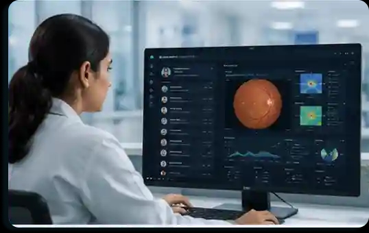 Hospital clinician reviewing retinal findings on a centralized platform