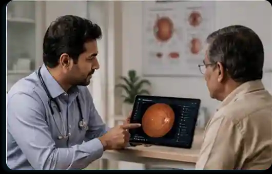 Primary care physician showing a retinal scan to a patient