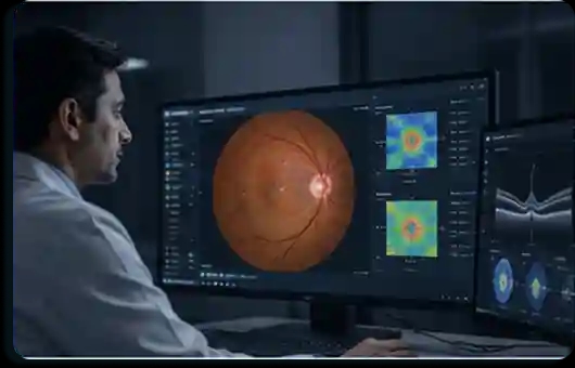 Eye care specialist reviewing explainable retinal AI insights